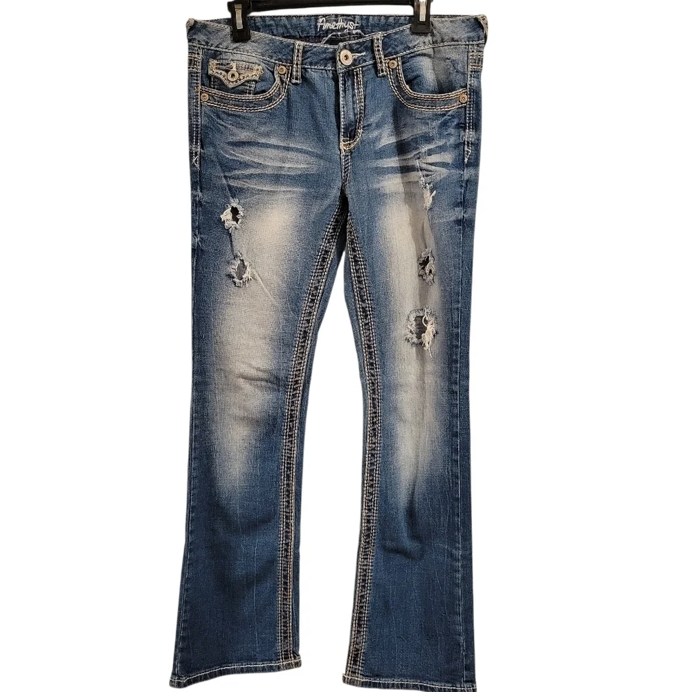 Y2K Amethyst Bleached Distressed Low Rise Boot Cut Denim Jeans - Picture 1 of 9